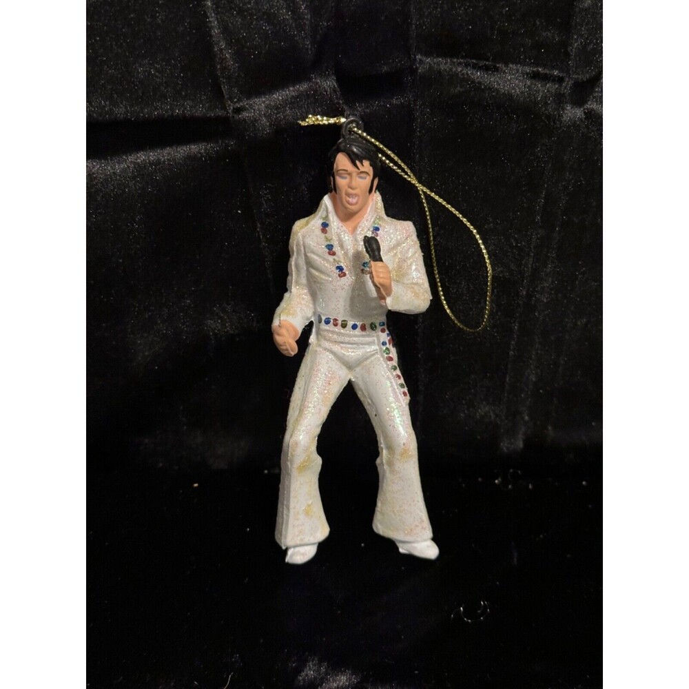 Kurt Adler, Elvis Presley glitter, white suit, microphone Christmas ornament 5"